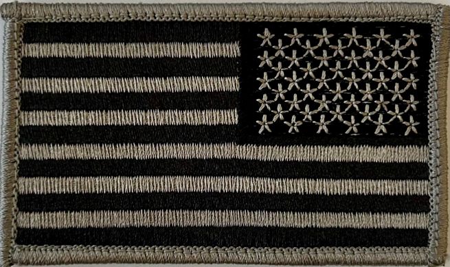 USA FLAG PATCH, REVERSED - SILVER & BLACK - SEW ON.